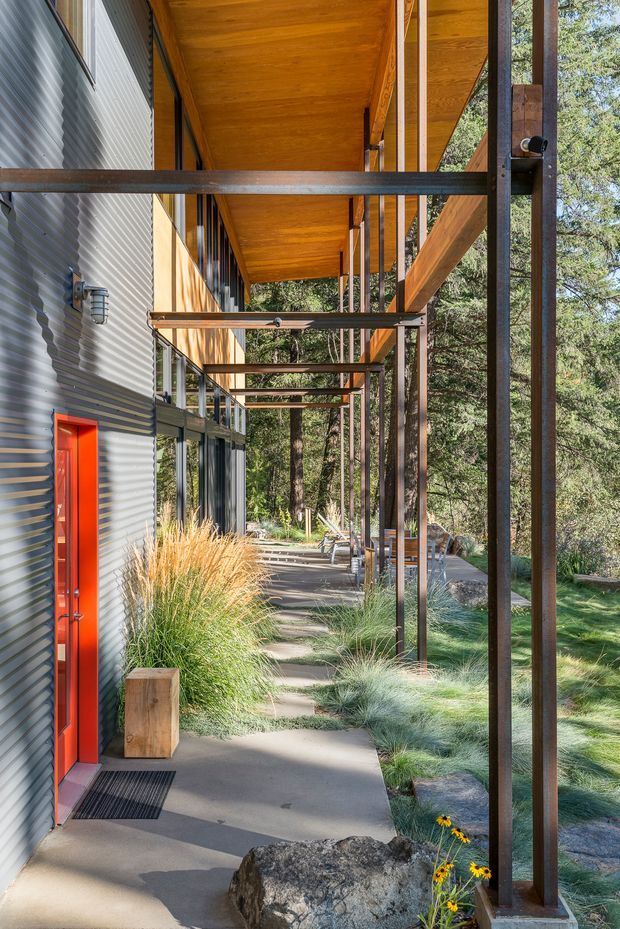 A covered exterior walkway runs alongside a contemporary building in a wooded setting. The facade combines dark corrugated metal cladding, extensive glazing, warm timber soffits, and slender weathered steel posts and beams. A vivid red entry door provides a strong accent, while concrete paving, native grasses, rocks, and garden planting line the path.