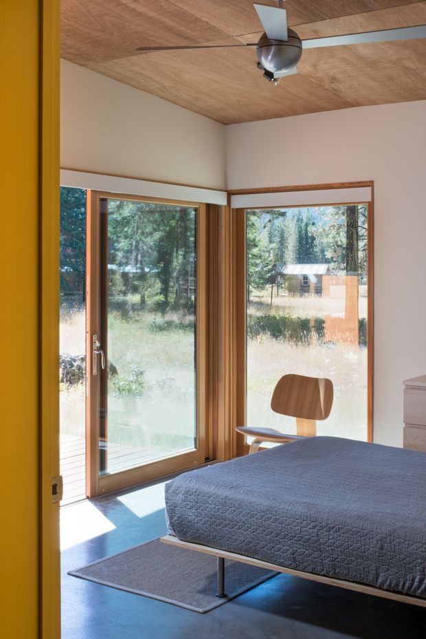 Bright modern bedroom with a low platform bed, blue-grey quilted bedding, a simple wooden chair, and large timber-framed glazed doors and windows opening toward a natural wooded setting. The room features a warm wood-paneled ceiling, pale walls, polished concrete flooring, and a contemporary ceiling fan.