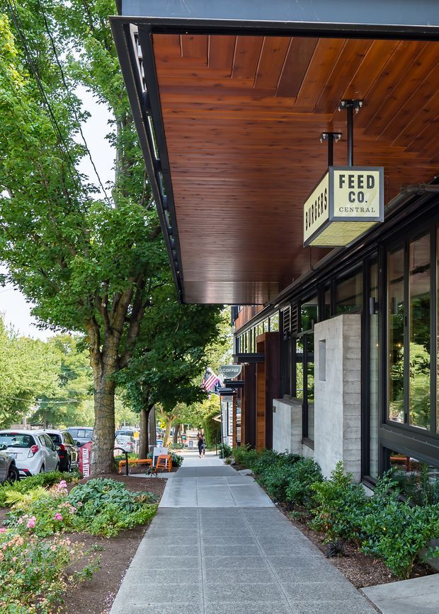 Street-level view of a contemporary commercial building frontage along a landscaped pedestrian sidewalk. The facade combines dark metal-framed glazing, exposed concrete block, and warm timber wall and soffit cladding beneath a deep projecting canopy. A hanging sign identifies the Feed Co. Central venue, with café signage, outdoor seating, planting, mature street trees, and parked vehicles visible along the urban streetscape.