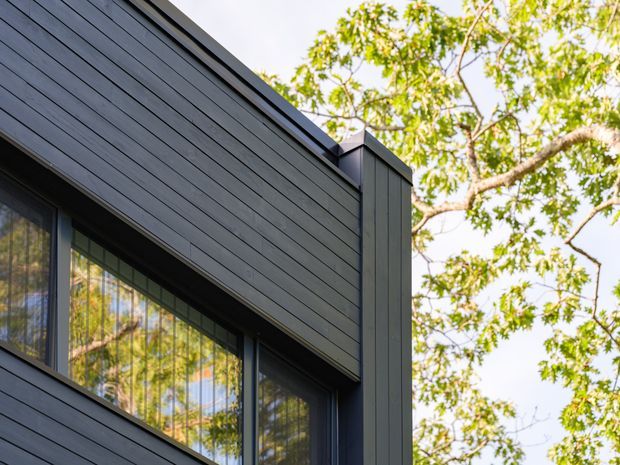 Close-up exterior view of a contemporary building facade clad in dark horizontal boards, with tall dark-framed glazing reflecting surrounding trees. A projecting vertical corner element adds depth to the simple modern composition, while leafy branches fill the background.