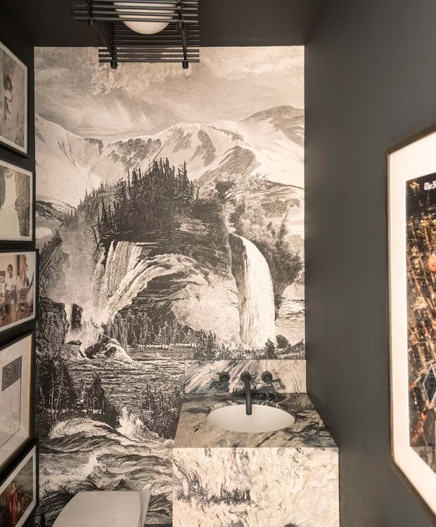 A compact, dramatically styled powder room with a wall-mounted white basin and dark tapware set into a pale stone vanity. The walls and vanity are wrapped in a monochrome panoramic landscape mural depicting mountains, forest, and waterfalls, contrasted with charcoal-painted walls, framed artwork, and a black cage-style ceiling light.