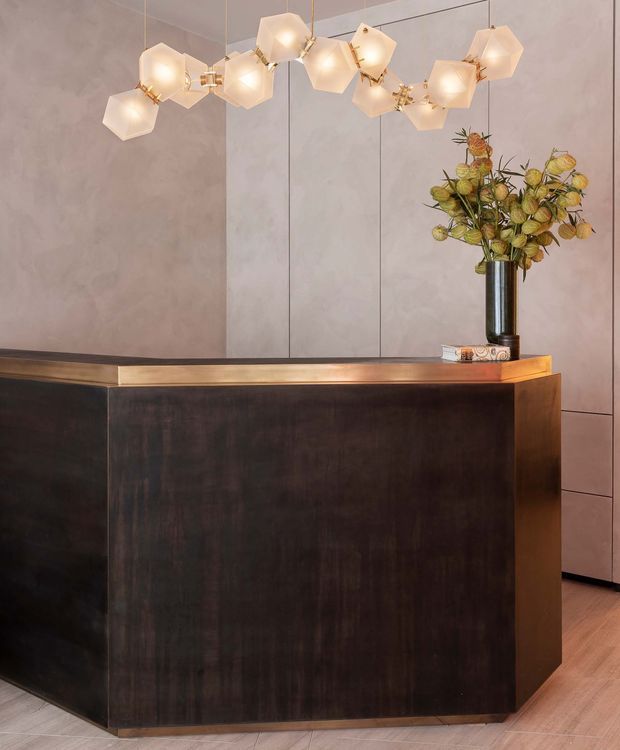 A refined interior reception or entry console with a dark timber-toned or stained built-in counter, highlighted by a slim brass-gold edge and side panel. The backdrop consists of large pale grey-beige wall panels with fine vertical and horizontal seams. A sculptural cluster pendant light with faceted cream shades hangs overhead, while a tall metallic vase with dried botanical stems and a few books decorates the counter. Timber flooring is visible at the base. The composition is warm, moody, and luxurious with contemporary detailing.
