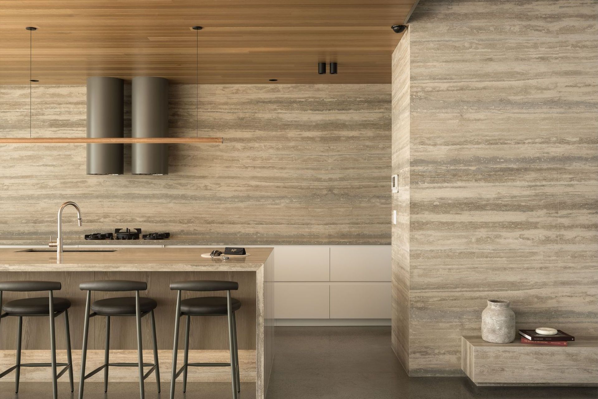 Solmere - Kitchen. Travertine wall and timber ceiling over the kitchen bench.