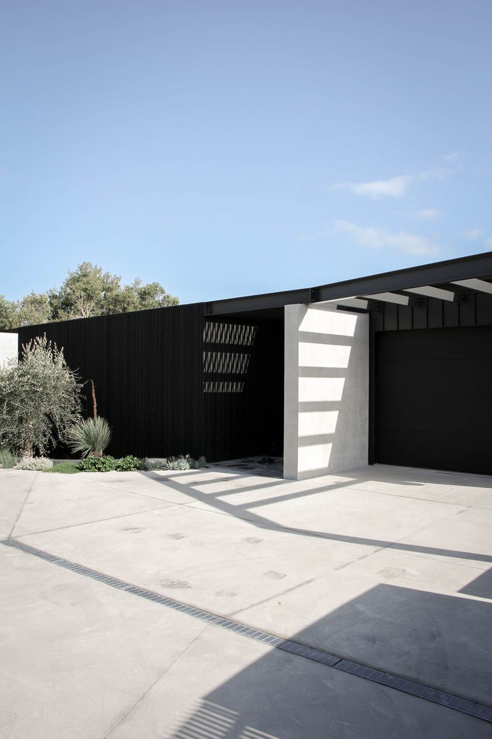 The Dual House - Exterior. Street facade with charred cladding and a white rendered fin.