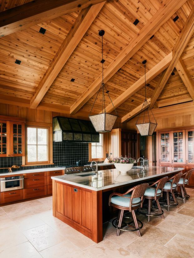 A spacious, richly detailed kitchen with extensive warm timber panelling and an exposed timber-beam vaulted ceiling. The room features dark tiled splashbacks, timber cabinetry with glazed display doors, a large stone island with integrated sink and seating for several people, stainless steel appliances, pendant lights, and pale stone tile flooring.
