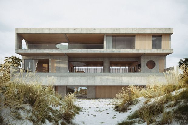 Front exterior view of a large multi-level contemporary residence set within landscaped coastal-style grasses. The building has broad cantilevered horizontal floor plates, exposed concrete surfaces, extensive glazing, warm timber soffits and screens, recessed terraces, and distinctive circular and arched openings. A central path leads through the planted foreground toward the house.