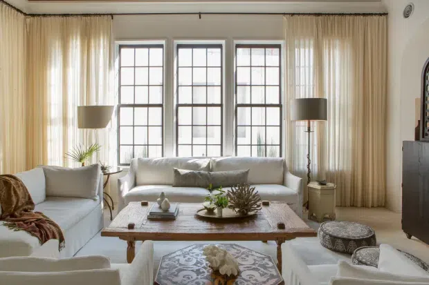 Bright, elegant living room arranged around a large rustic timber coffee table. The room features three tall multi-pane windows with sheer floor-to-ceiling curtains, pale upholstered sofas and armchairs, neutral cushions, traditional table lamps, and subtle decorative styling. A patterned ottoman and soft textiles add texture, while the overall palette is warm, light, and refined.