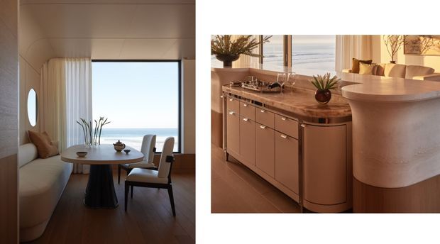 Collage showing a refined coastal interior with a compact dining nook and a curved upholstered banquette beside a large ocean-facing window, paired with a close view of a curved kitchen island and integrated cabinetry. Warm timber flooring, pale stone or plaster surfaces, muted pink-beige cabinetry, soft rounded forms, and expansive glazing create a calm, contemporary atmosphere.