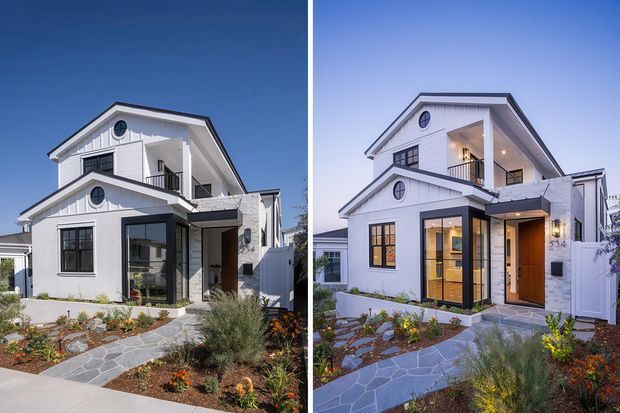 Two exterior views of a white multi-level coastal-style residence under a clear blue sky. The home has gabled roof forms, white horizontal cladding, dark-framed windows and doors, upper-level balconies, and a landscaped front garden with a stone-paved pathway. The facade combines traditional gable proportions with contemporary glazing and detailing.
