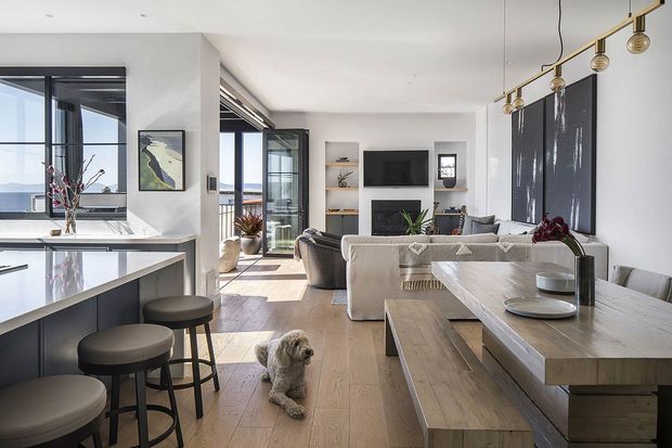 Bright open-plan contemporary apartment interior combining a kitchen, dining area and living room. The space features pale timber flooring, a dark island with a light stone benchtop, bar stools, a long timber dining table with bench seating, a light upholstered sofa, black-framed glazing, and a linear brass-toned pendant light. Large windows and doors provide abundant natural light and a distant water view. A small dog is present in the room.