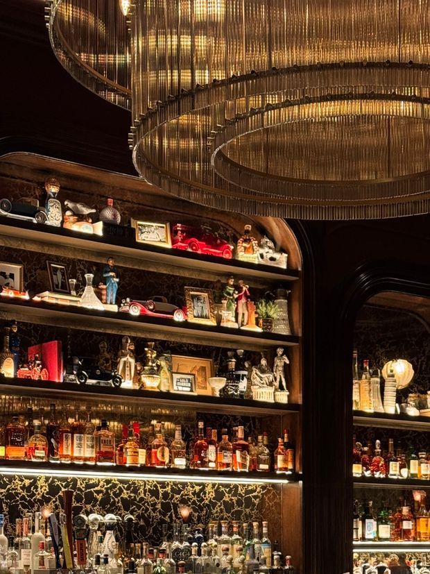 A richly decorated, dark-toned bar interior with extensive backlit shelving displaying liquor bottles, glassware, framed art, figurines, and decorative objects. The space features ornate black-and-gold patterned wall finishes, dark timber or stained joinery, arched shelving and openings, and a large cascading brass or gold-toned chandelier with concentric circular forms.