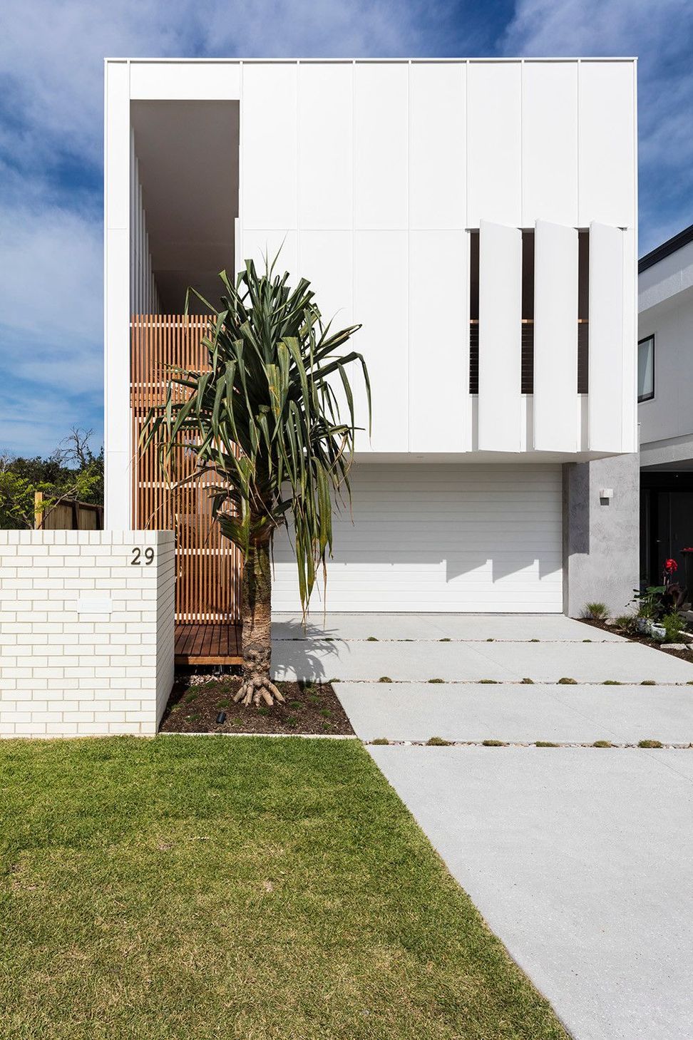 Viner Residence - Exterior. Street frontage with white brick, a timber garage door and pandanus.