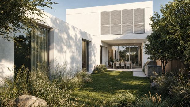 A contemporary white-rendered two-storey residence viewed from a landscaped garden courtyard. The facade features clean rectangular volumes, large glazed openings, a sheltered outdoor dining area, and a prominent upper-level screened window. Naturalistic planting, lawn, rocks, and mature trees soften the minimalist architecture.