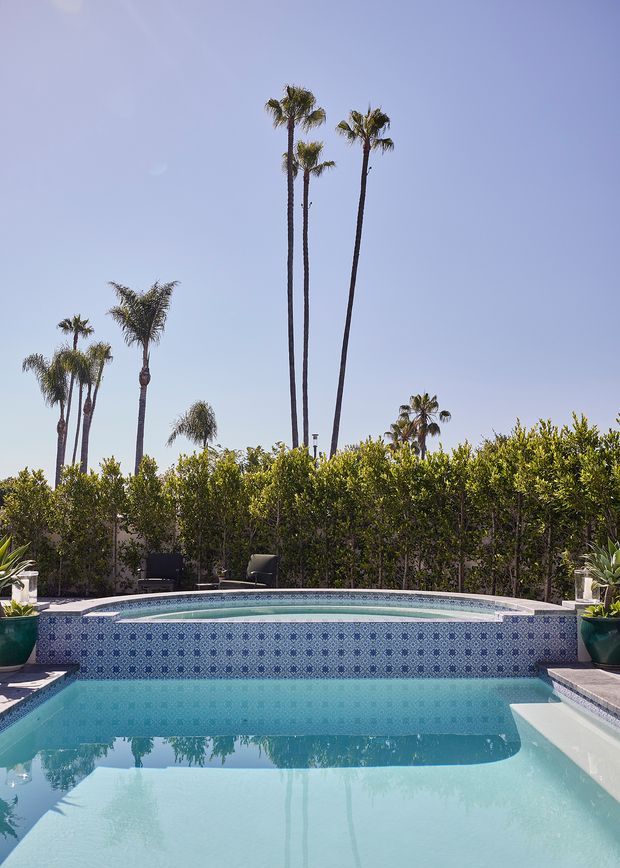 Bright outdoor photograph of a patterned-tile swimming pool with pale blue water, raised spa or pool edge, light paving, large teal planters, dense privacy hedges, and tall palm trees against a clear sky. The scene has a resort-like, sunny atmosphere.