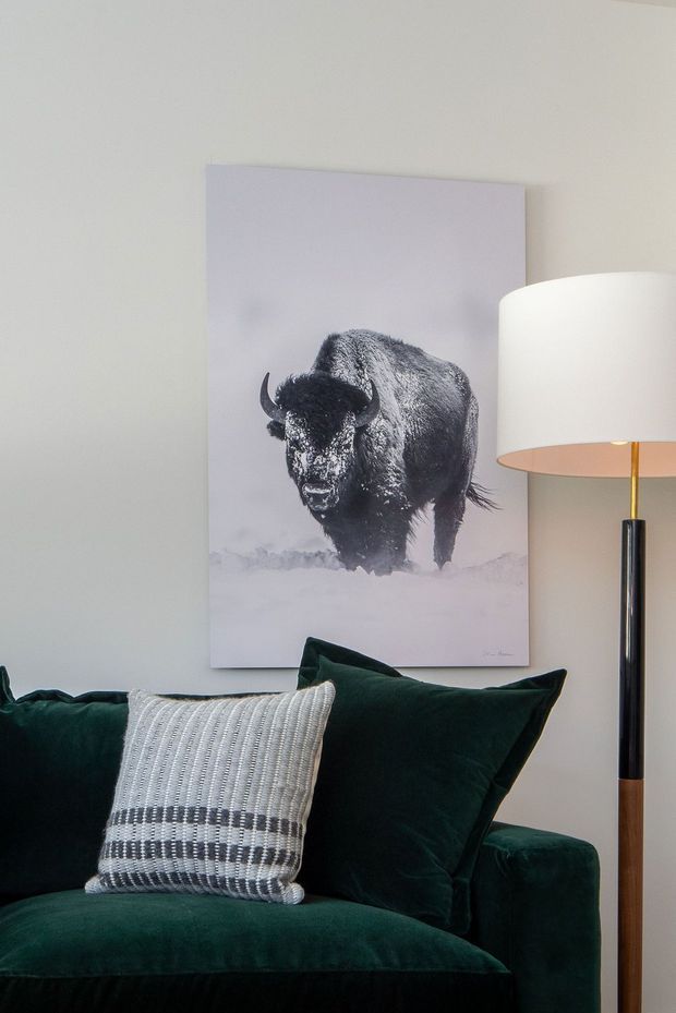 A close-up interior vignette featuring a dark green upholstered sofa with a textured grey-and-white cushion, a black-and-white bison artwork on a pale wall, and a tall floor lamp with a white drum shade and slender black, brass, and timber-toned stand. The room has a restrained, moody palette with soft natural light.