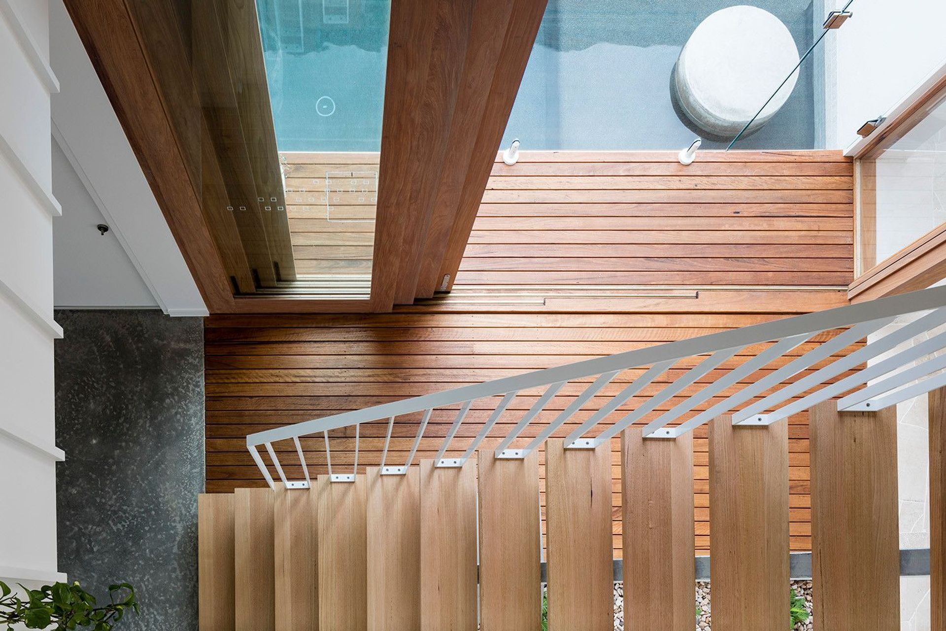 Viner Residence - Exterior. Timber screens and deck seen from above.