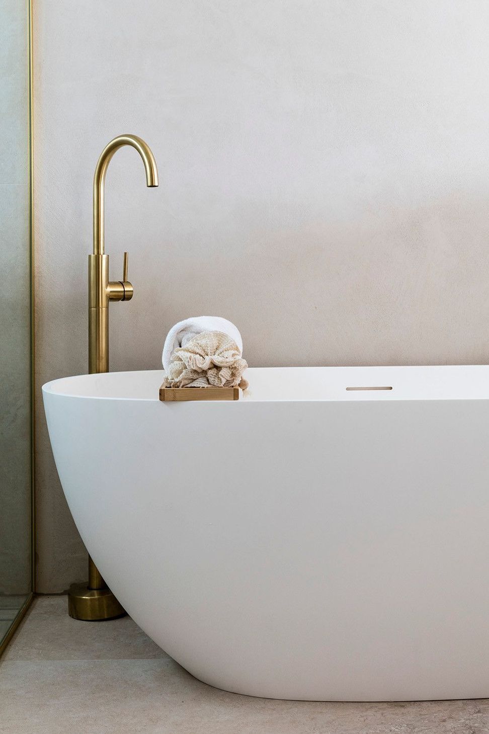Viner Residence - Bathroom. Freestanding bath with brass wall tapware.