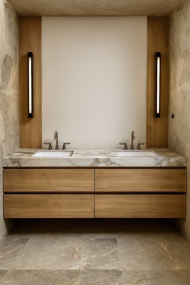 A refined contemporary bathroom vanity featuring a wide double-basin floating timber vanity with integrated drawers, a veined light stone benchtop, twin wall-mounted faucets, and a large central mirror. Vertical timber panels frame the mirror and slim black-and-white wall lights, while textured stone-look wall and floor finishes create a warm, natural, luxurious feel.