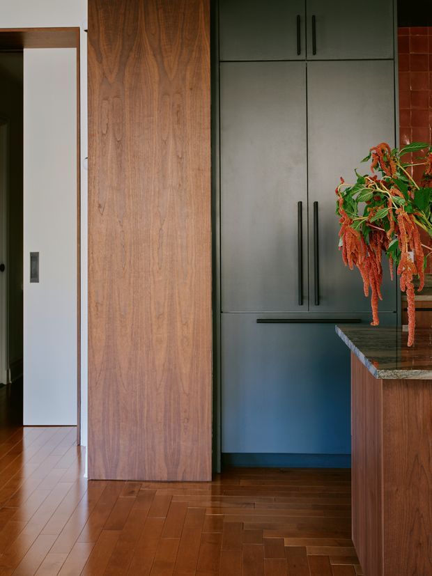 A close interior view of a contemporary kitchen featuring tall dark grey integrated cabinetry with long black handles, a warm walnut-toned full-height timber panel and matching island cabinetry, a dark stone benchtop, and rich timber parquet flooring. A red-orange tiled splashback and leafy plant add colour. An adjacent hallway is visible at left.