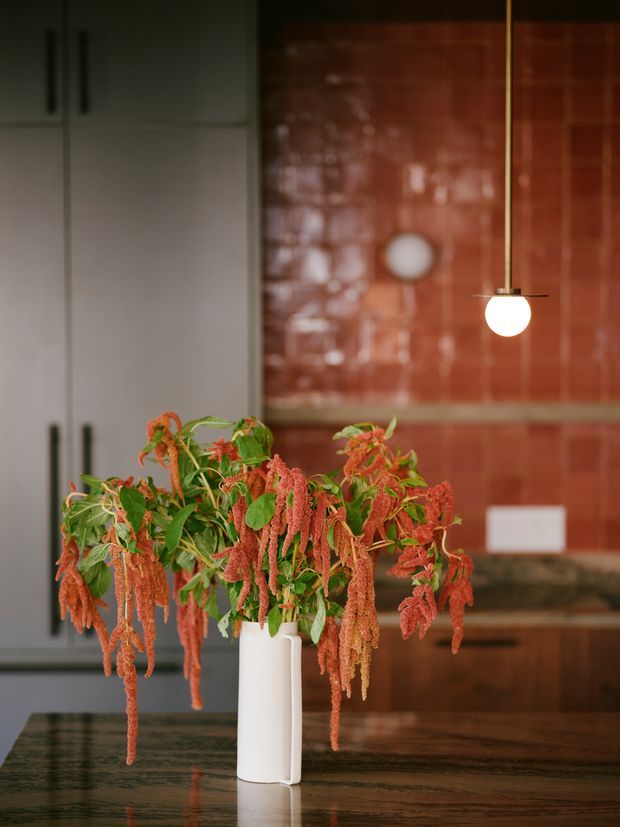 A moody contemporary kitchen interior featuring dark timber cabinetry and a dark stone island in the foreground. The rear wall is clad in glossy terracotta-red square tiles with a matching tiled splashback, while a white spherical pendant light hangs above the island. A tall white vase with trailing red-orange foliage provides a central decorative accent.