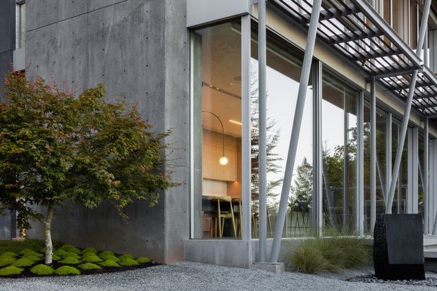 Exterior view of a contemporary building with a raw concrete facade, extensive floor-to-ceiling glazing, and a distinctive angled metal support structure beneath a projecting canopy. A small landscaped garden with a Japanese maple, moss-like groundcover, ornamental grasses, and gravel surrounds the entry. Warm interior lighting and a glimpse of a dining or work area are visible through the windows.