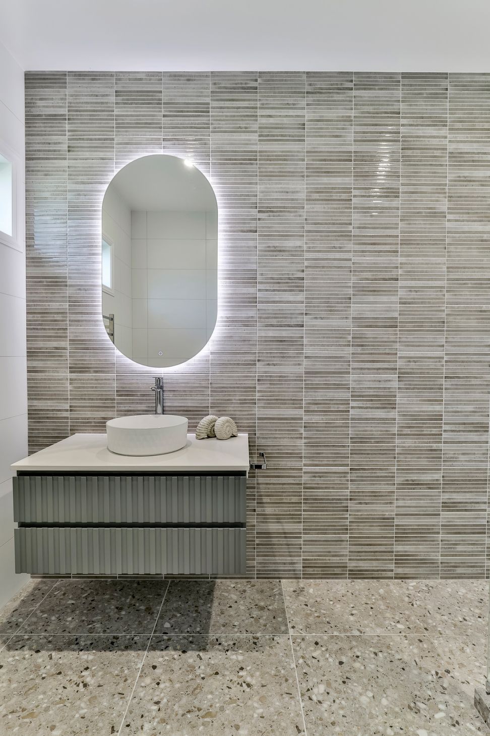 TILE DEPOT / Tiles: Home Kit Kat Ash 125x250mm , Blanco Brillo Matt 300x600mm, Frammenta Taupe 597x597mm / Bathware also supplied by Tile Depot
