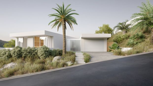 Contemporary single-storey residence viewed from a sloping suburban street, featuring crisp white rendered volumes, flat roofs, extensive glazing, a recessed garage, warm timber entry detailing, and a drought-tolerant landscaped frontage with palms and ornamental grasses.