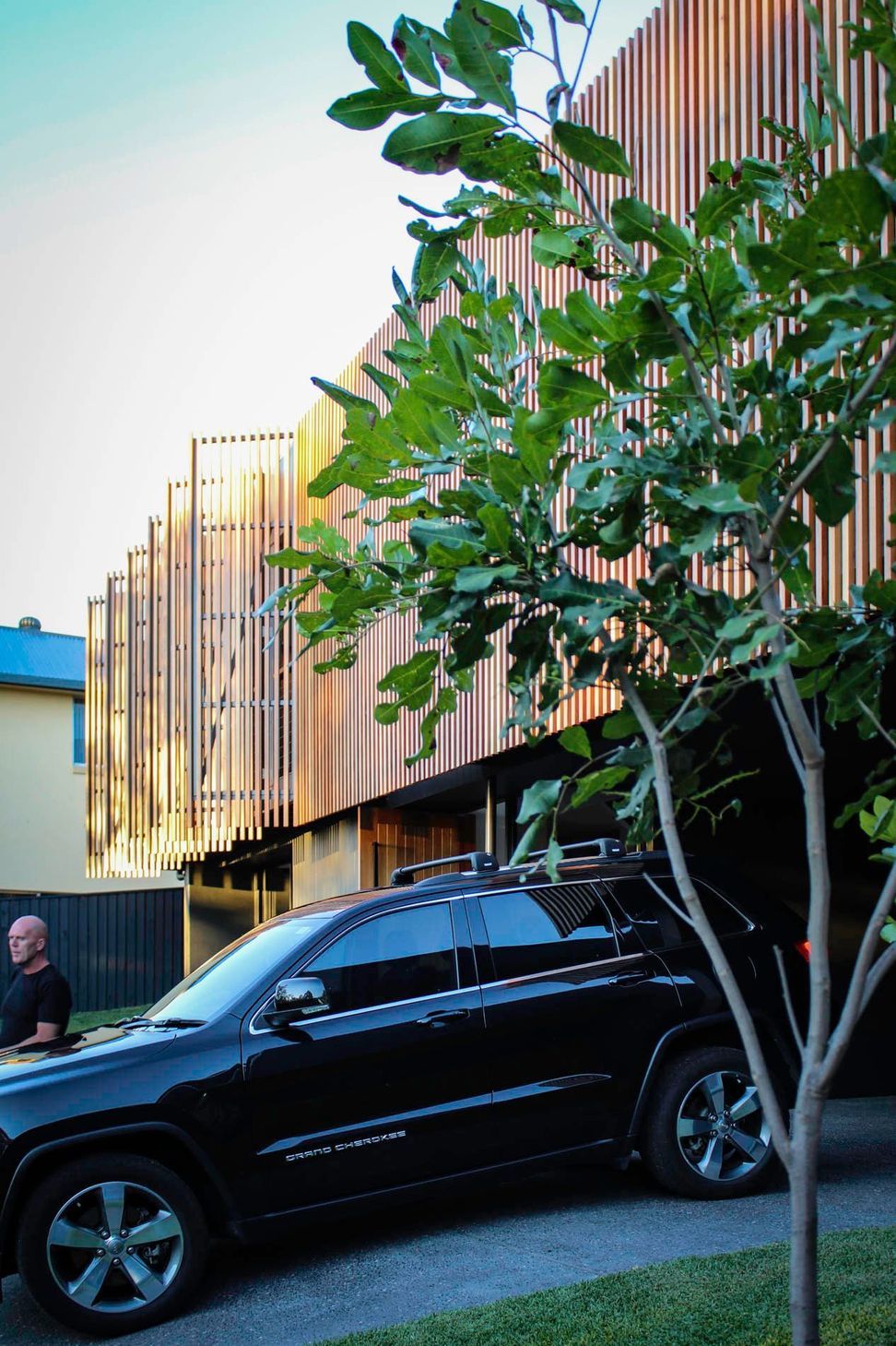 Glennon Residence - Exterior. Timber screens and tree canopy above the driveway.