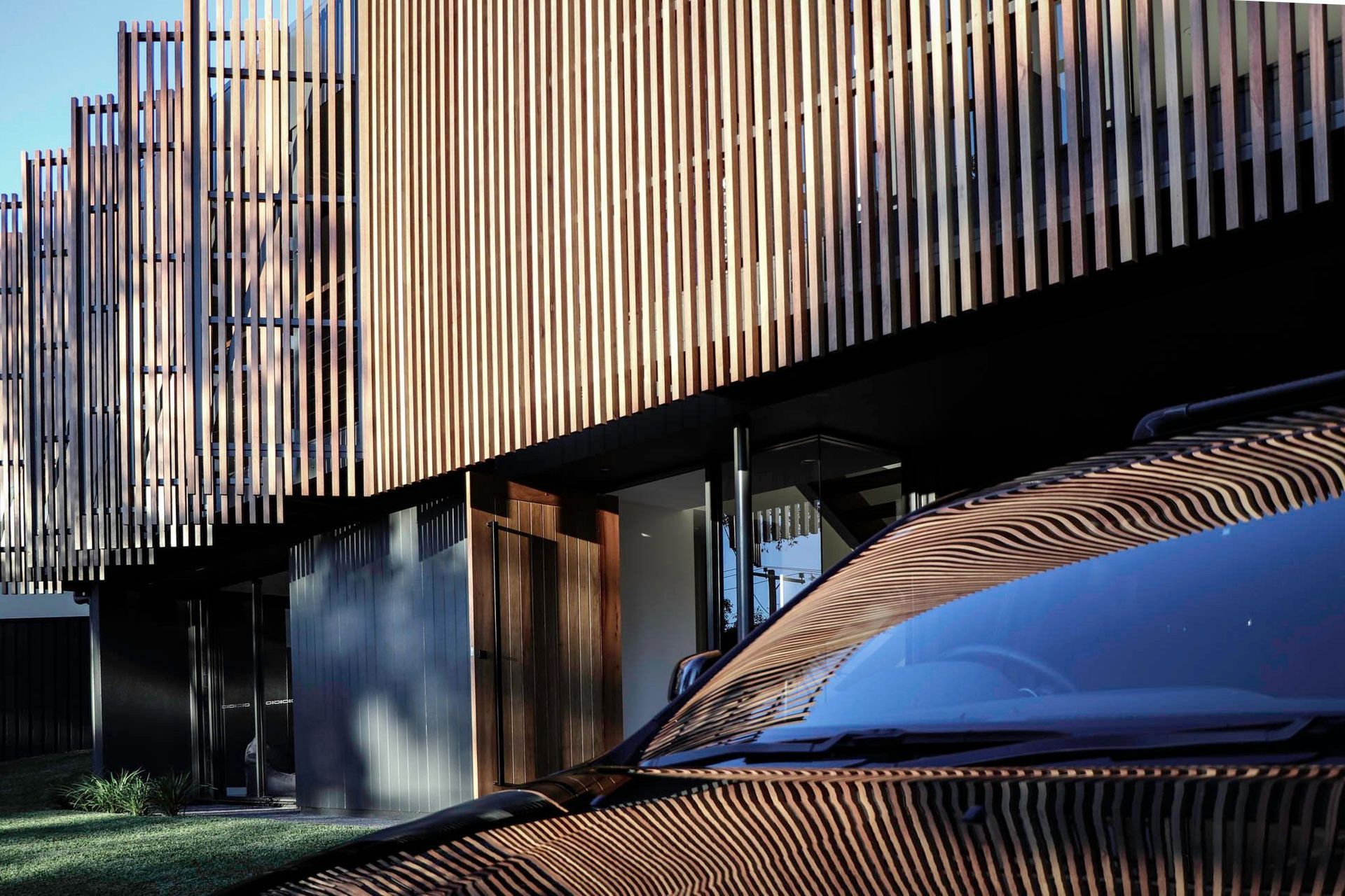 Glennon Residence - Exterior. Close view of the timber battened screen.