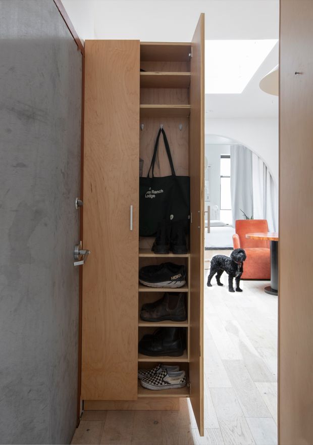 A narrow entryway with a built-in light timber storage cupboard, shown open with shelves, hooks, bags, and shoes. The cupboard sits beside a raw grey concrete wall and doorway, leading into a bright living space with pale timber flooring, curved architectural detailing, white curtains, and an orange armchair. A small black dog is visible in the adjoining room.