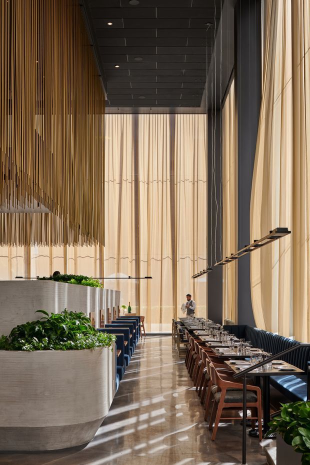 A tall, elegant restaurant dining room with floor-to-ceiling sheer curtains, dark structural columns, a black tiled ceiling, and a polished reflective floor. Long rows of neatly set dining tables with upholstered banquette seating and timber-framed chairs run along the glazed wall. Large sculptural pendant lighting and substantial integrated planters filled with greenery define the space. The overall atmosphere is refined, warm, and contemporary, with strong vertical lines and abundant filtered daylight.