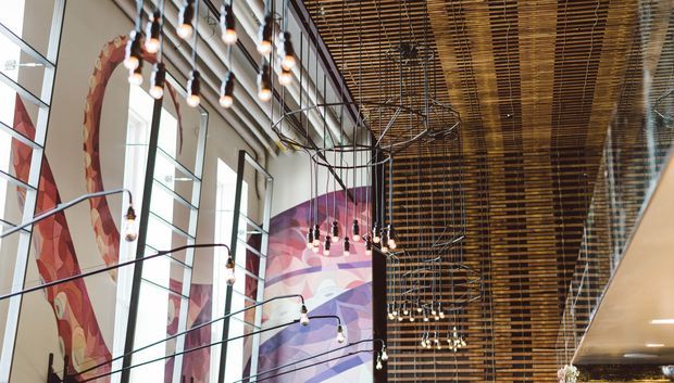A tall, contemporary commercial interior with floor-to-ceiling glazing, a dramatic suspended timber-slat ceiling and numerous exposed pendant bulbs on black cords. Colourful abstract wall artwork adds visual impact, while a partial mezzanine or upper-level edge is visible at right.
