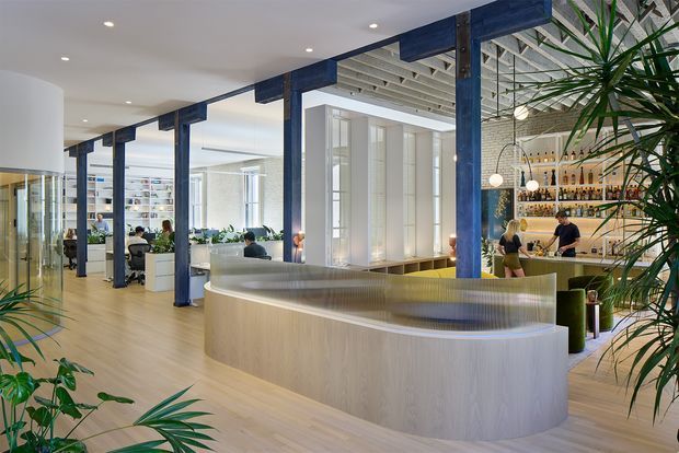 A bright, open-plan contemporary commercial interior featuring a curved light-wood reception or service counter in the foreground, exposed dark-blue structural posts and beams, extensive interior glazing, pale timber flooring, and a high open ceiling with visible services. A bar or hospitality area with shelving and pendant lights is visible to the right, while workspaces and abundant indoor planting extend through the background.