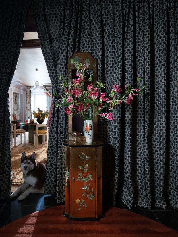 A dramatic, richly layered interior vignette featuring dark patterned floor-to-ceiling curtains framing an ornate floral-painted wooden cabinet. A decorative vase filled with bright pink flowers sits on top, with a mirror and small objects above. Through the curtain opening, a bright dining room with a table, chairs, chandelier, and tall windows is visible; a dog rests on the dark tiled floor in the foreground. The scene has an eclectic, theatrical, maximalist character with strong contrast between the dark foreground and luminous adjoining room.