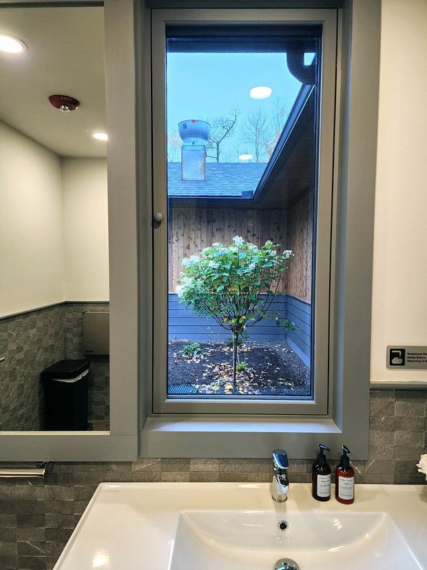 A compact, clean bathroom washbasin area with a white integrated vanity basin, chrome tap, grey tiled walls and splashback, and a tall window overlooking a small planted courtyard. A large mirror reflects the adjacent tiled wall and bin area. Recessed ceiling lights and neatly arranged soap dispensers create a functional, modern feel.