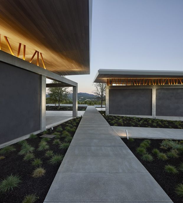 A landscaped pedestrian courtyard between low, flat-roofed contemporary buildings. The buildings feature dark smooth concrete walls, broad projecting roof slabs, and warm timber-lined soffits with exposed triangular structural bracing illuminated beneath the eaves. A straight concrete walkway leads through minimalist planting beds toward distant hills and trees.