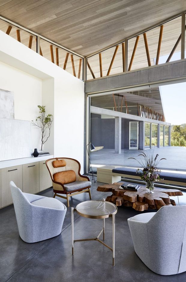 A bright, high-ceilinged contemporary living room with expansive glazing opening to a covered outdoor terrace. The interior features a polished concrete floor, white built-in cabinetry, pale timber ceiling boards, exposed angled timber structural posts, a grey concrete beam, sculptural upholstered lounge chairs, and a live-edge timber coffee table. The space feels refined, airy, and connected to the landscape.