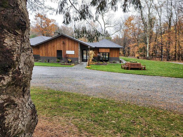 Single-storey timber-clad building set within a wooded landscaped site, viewed from across a broad gravel driveway. The building has a low-pitched gabled roof, dark roofing, warm vertical wood cladding, dark window and door frames, and a covered central entry. Autumn trees, lawn, and outdoor bench seating surround the structure.