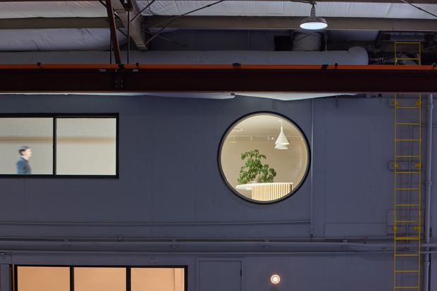 Interior view of an industrial-style commercial or warehouse space with exposed steel roof structure, insulated ceiling panels, suspended lighting, dark blue-grey walls, and a distinctive round window revealing a bright adjoining room with a plant. A narrow rectangular interior window and fixed yellow safety ladder are also visible.