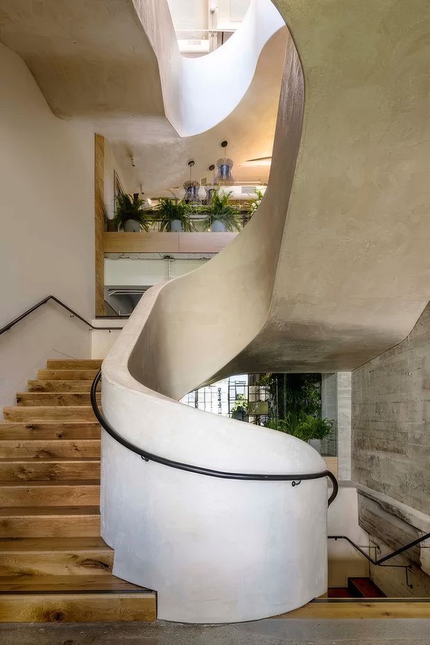 Interior view of a sculptural multi-level stairway with a sweeping curved plaster or concrete balustrade and overhead sculpted form. Warm timber treads contrast with pale textured walls and exposed masonry. Black metal handrails, pendant lights, indoor planting, and glimpses of mezzanine-level spaces contribute to an organic, contemporary architectural composition.