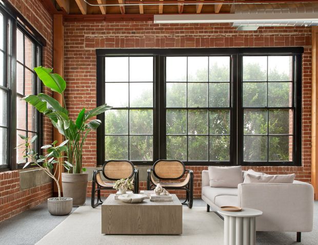 A bright loft-style living room with exposed red brick walls, large black-framed gridded industrial windows, exposed timber ceiling structure, and visible metal ductwork. The room contains a pale upholstered sofa and armchair, cane-backed lounge chairs, a low wood coffee table, a grey rug, and large indoor plants. The combination of brick, steel-framed windows, and exposed services creates a refined industrial interior.