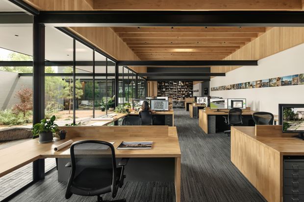 A spacious, open-plan contemporary office interior with rows of timber desks and workstations, black-framed floor-to-ceiling glazing, exposed timber ceiling battens, dark structural beams, and dark carpet flooring. Indoor plants, shelving, computers, and office chairs are visible throughout, with landscaped grounds seen through the glazing.