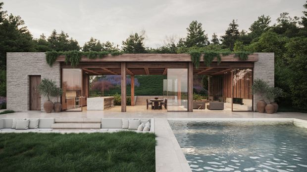 A low, single-storey contemporary pavilion-style residence opening onto a swimming pool. The design combines pale masonry side wings with extensive glazing, warm timber posts and pergola structure, an outdoor dining and lounge area, and a flat planted roof edge. The composition is framed by dense landscaping and includes broad pale paving, stepped seating, and a rectangular pool.