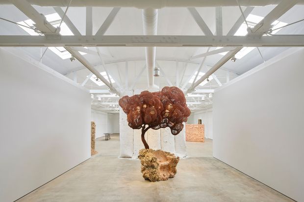 A bright contemporary art gallery or exhibition space with white walls, polished concrete flooring, exposed white-painted roof trusses, skylights, ductwork, and track lighting. A large suspended or sculptural rust-toned organic artwork is displayed centrally on a natural rock-like plinth, with additional artworks visible in the background.