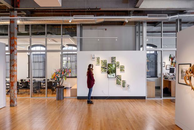 A bright open-plan commercial interior with polished timber flooring, exposed concrete columns, visible ductwork and services, and extensive black-framed glass partitions. The space functions as an art-filled office or gallery, with framed artwork, a central display wall, workspaces, and contemporary industrial detailing.