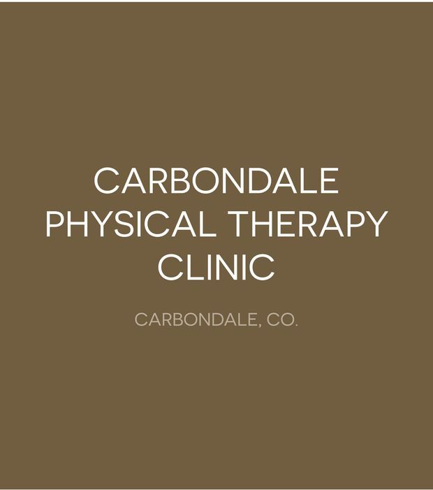 A minimalist title card with centered white typography reading “CARBONDALE PHYSICAL THERAPY CLINIC” and smaller text “CARBONDALE, CO.” on a flat muted brown background. No architectural space or interior details are visible.