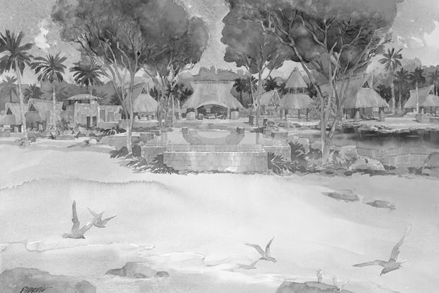 A monochrome watercolor-style architectural illustration of a tropical resort or beachfront property. Palm trees, broad-canopied trees, thatched pavilion roofs, low buildings, landscaped grounds, pools or water features, and a sandy beach with seabirds are arranged across the scene.