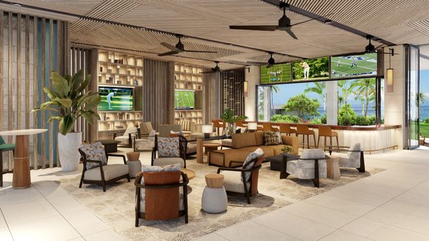 A spacious contemporary hospitality lounge with multiple seating areas, patterned upholstered armchairs, sofas, coffee tables, a large area rug, timber-look wall shelving, vertical timber screens, and ceiling fans. Large glazed openings overlook a tropical landscaped setting and water, while wall-mounted screens display sports. The interior has a warm timber, beige, and neutral palette with strong indoor-outdoor connections.