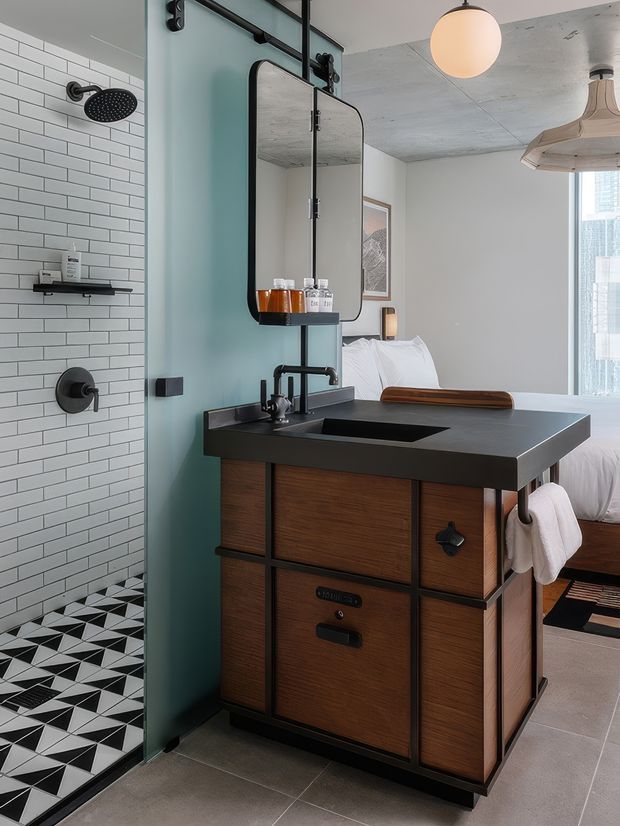 A compact, stylish bathroom vanity positioned beside an open walk-in shower, with a black stone-like benchtop, integrated rectangular basin, matte black tapware, and dark timber cabinetry framed in black metal. The shower features white subway wall tiles, bold black-and-white geometric floor tiles, and a black-framed glass partition. A mirror and shelf are mounted above the vanity, while a bedroom is visible beyond the bathroom.