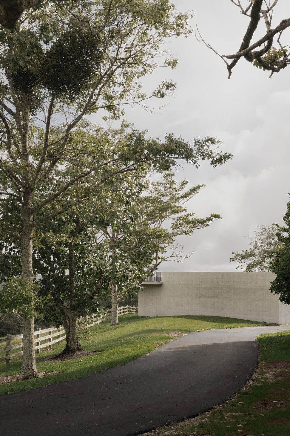 The Farm - Exterior. Driveway curving past mature trees to the concrete pavilion.